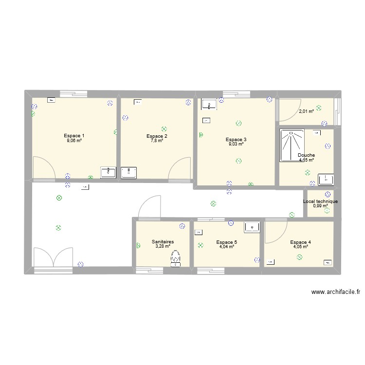 TPP 0. Plan de 9 pièces et 44 m2