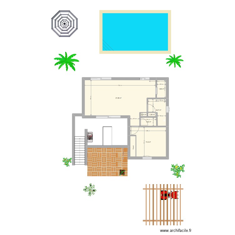 Maison Sardaigne plan Fini + Exterieur. Plan de 7 pièces et 47 m2