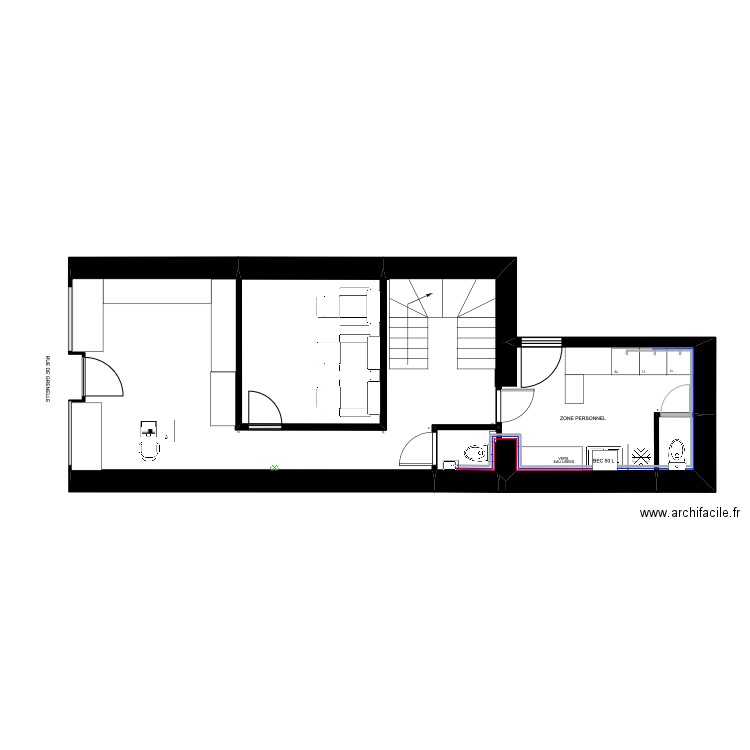 GRENELLE SABAï RDC plomberie. Plan de 4 pièces et 49 m2