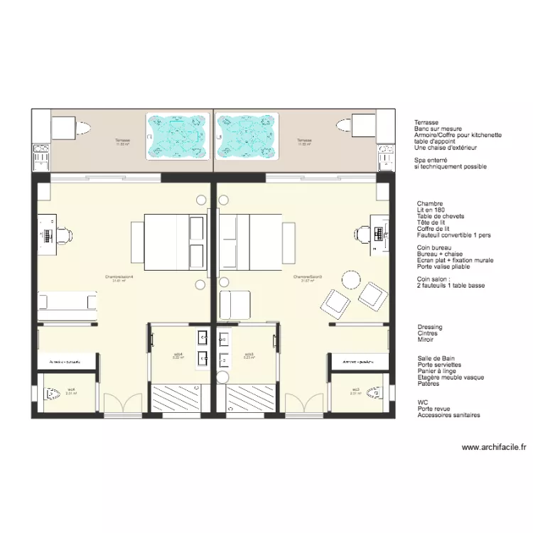 Bungalows Jumel&eacute;s Meubl&eacute;s. Plan de 