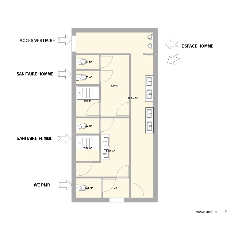 SANITAIRE F.A.M V2. Plan de 10 pièces et 46 m2