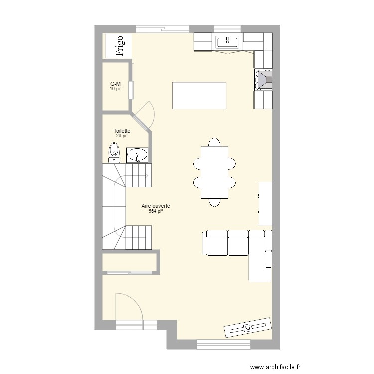 Maison de ville Traversée RDC. Plan de 4 pièces et 57 m2