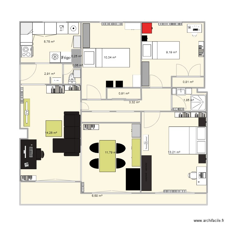 appart. Plan de 14 pièces et 81 m2