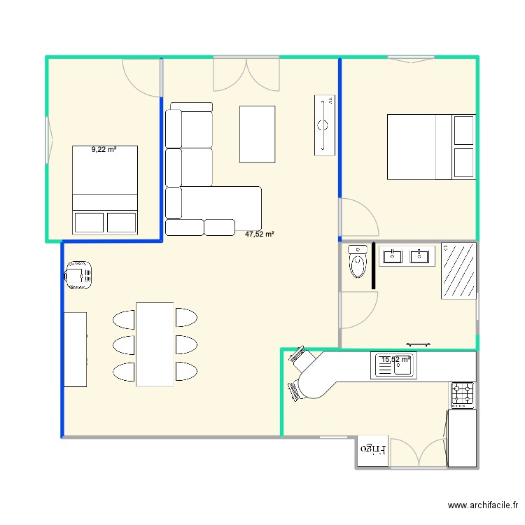 salle bain cuisine. Plan de 3 pièces et 72 m2