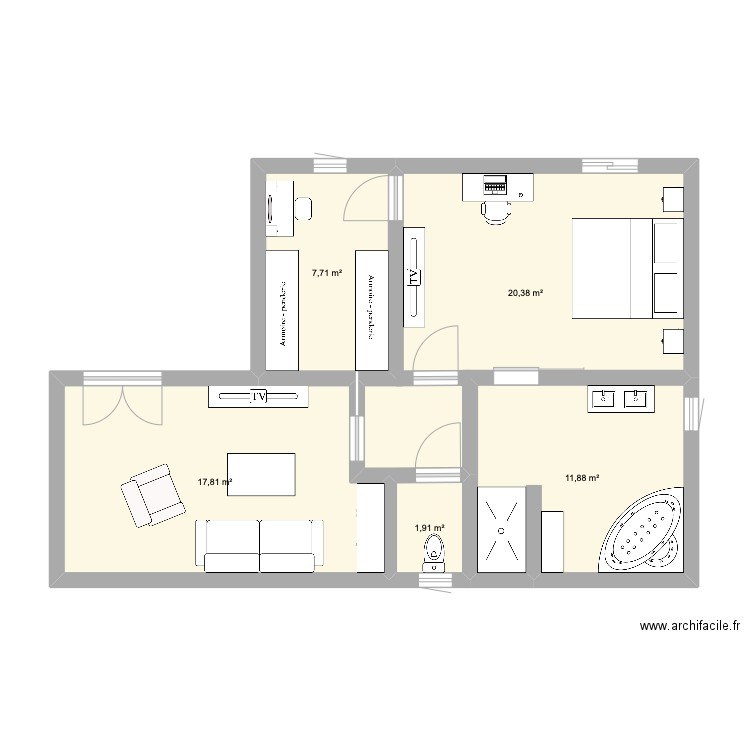 Suite . Plan de 5 pièces et 60 m2