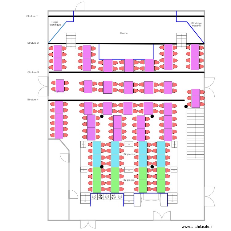 salle paradisio structure scène vierge. Plan de 7 pièces et 245 m2