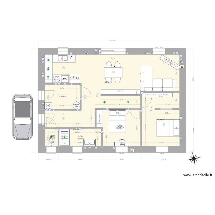 Lhome. Plan de 6 pièces et 80 m2