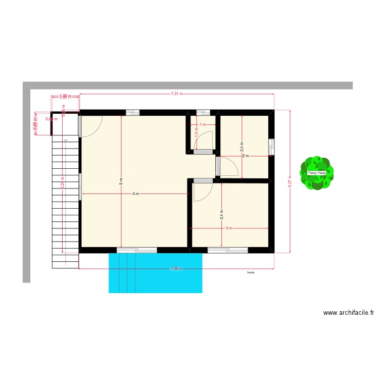 Etage kiosque studio V3 sans meubles. Plan de 4 pièces et 34 m2