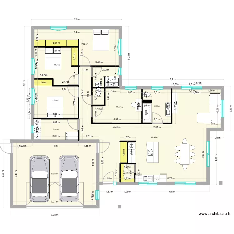 Maison plain pied &eacute;145m2 garage double. Plan de 