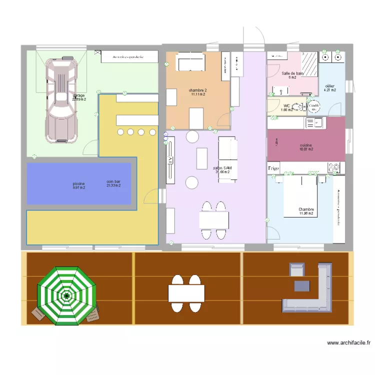 plan maison 130m2 petite piscine int+bar et garage. Plan de 