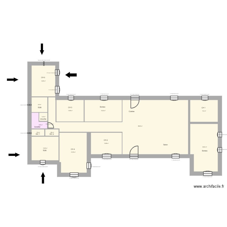 Plan GSCHWEND RDC. Plan de 14 pièces et 233 m2