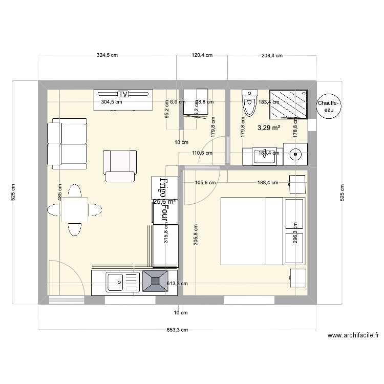 plan yoyo F2 . Plan de 2 pièces et 29 m2