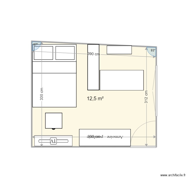 Chambre leia. Plan de 1 pièce et 13 m2