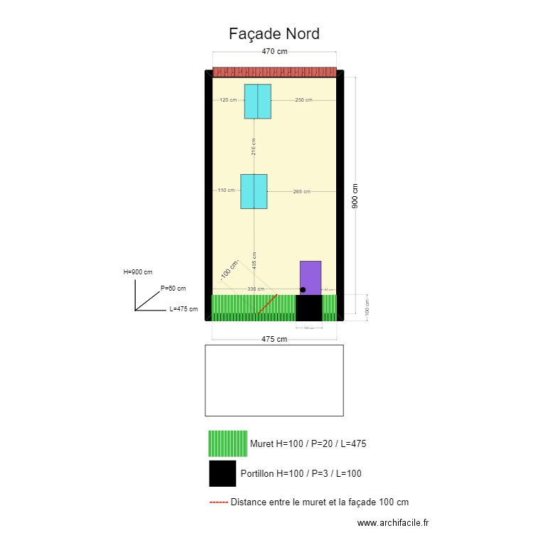 Plan des façades Nord avec muret. Plan de 0 pièce et 0 m2