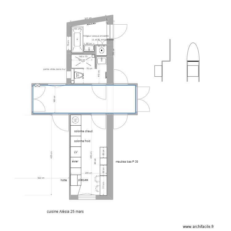 cuisine alésia 25 mars. Plan de 3 pièces et 25 m2