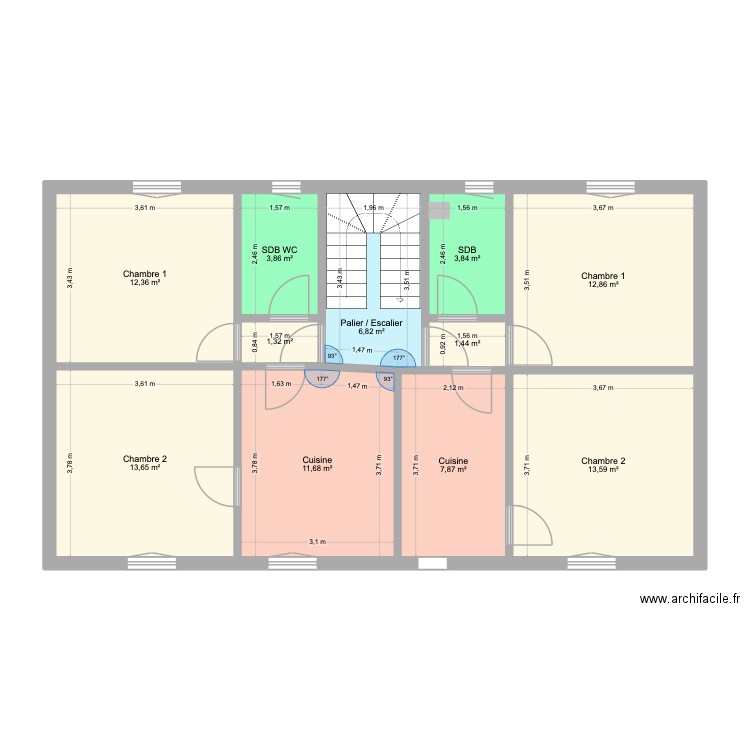 Plan 1er étage avant travaux. Plan de 11 pièces et 89 m2