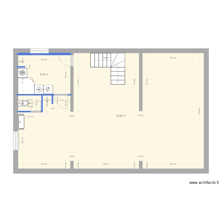 Sous-sol 7 bis (avec nouveau meuble d'angle). Plan de 3 pièces et 86 m2