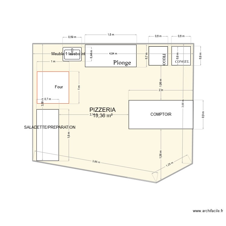 pizza. Plan de 1 pièce et 19 m2