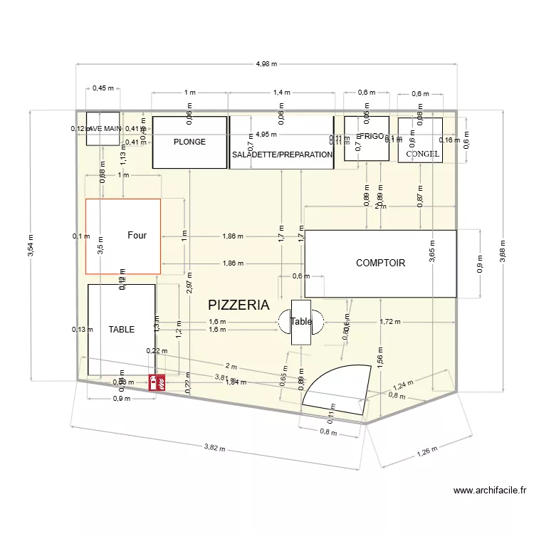 pizza. Plan de 1 pièce et 19 m²