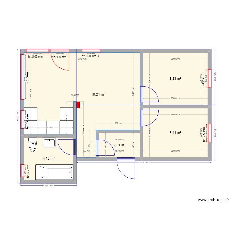 45 в. Plan de 5 pièces et 39 m2