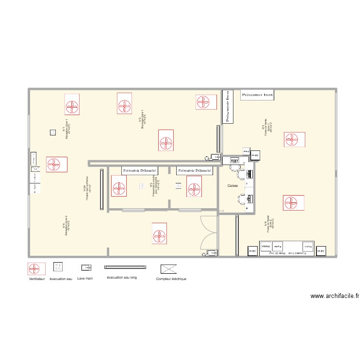 Plan produits emballés et nus / stockage. Plan de 5 pièces et 65 m2
