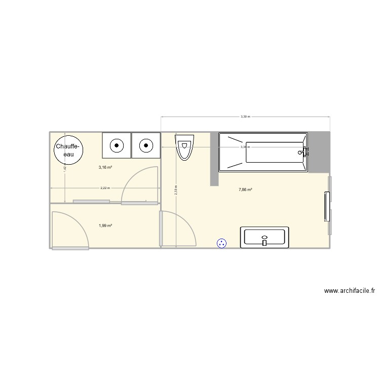 salle de bains WC. Plan de 3 pièces et 13 m2