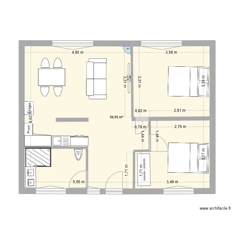 parcoul. Plan de 1 pièce et 56 m2