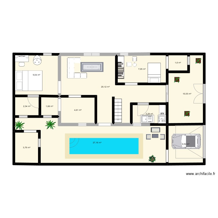 RDC. Plan de 12 pièces et 98 m2