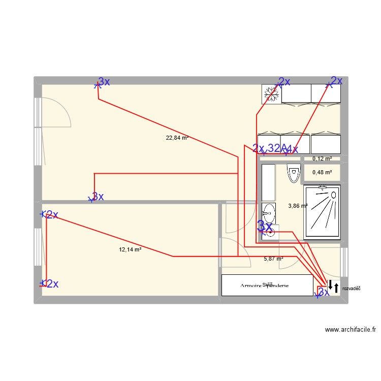 ArchiFacile PRO Bínova 2 zásuvky. Plan de 6 pièces et 45 m2