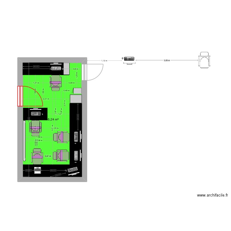 Projet 3 bureau. Plan de 1 pièce et 16 m2