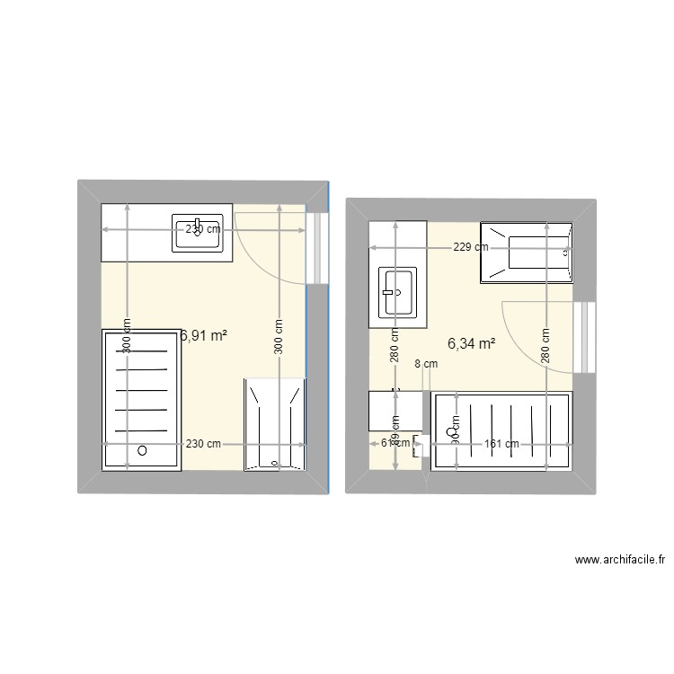 SDB - Bas. Plan de 2 pièces et 13 m2