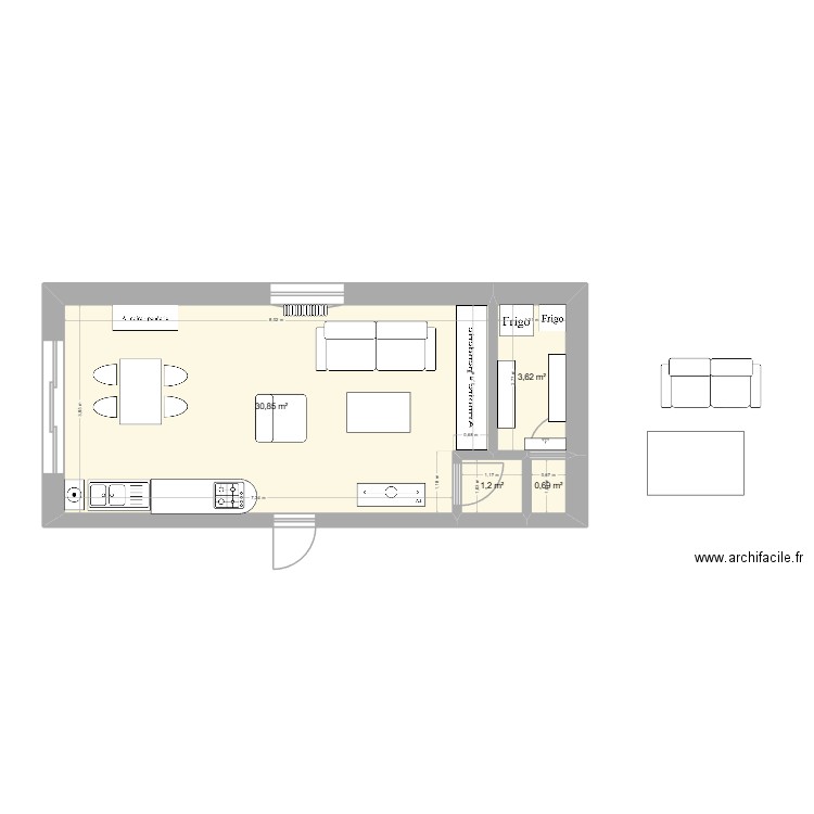 Garage 1 evolution meublé. Plan de 4 pièces et 36 m2
