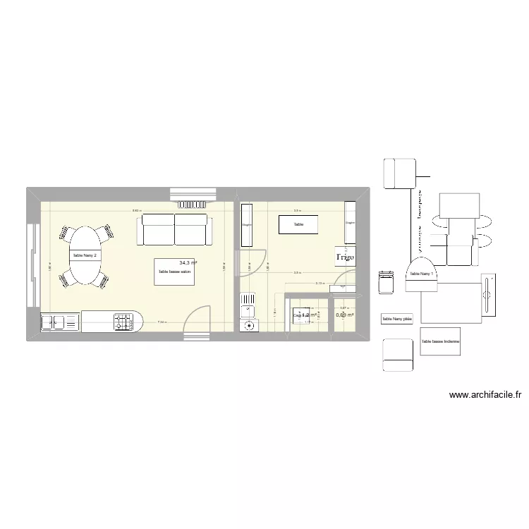 Garage 1 evolution meubl&eacute;. Plan de 3  et 36 m²