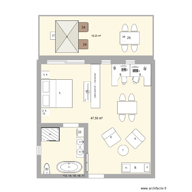 STSH suite. Plan de 2 pièces et 66 m2