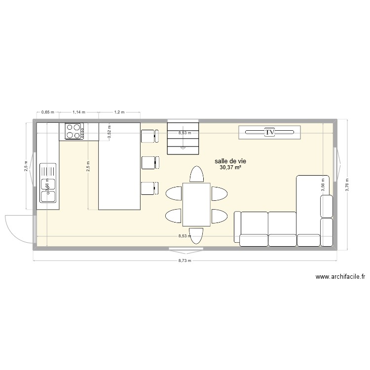 salle de vie. Plan de 1 pièce et 30 m2