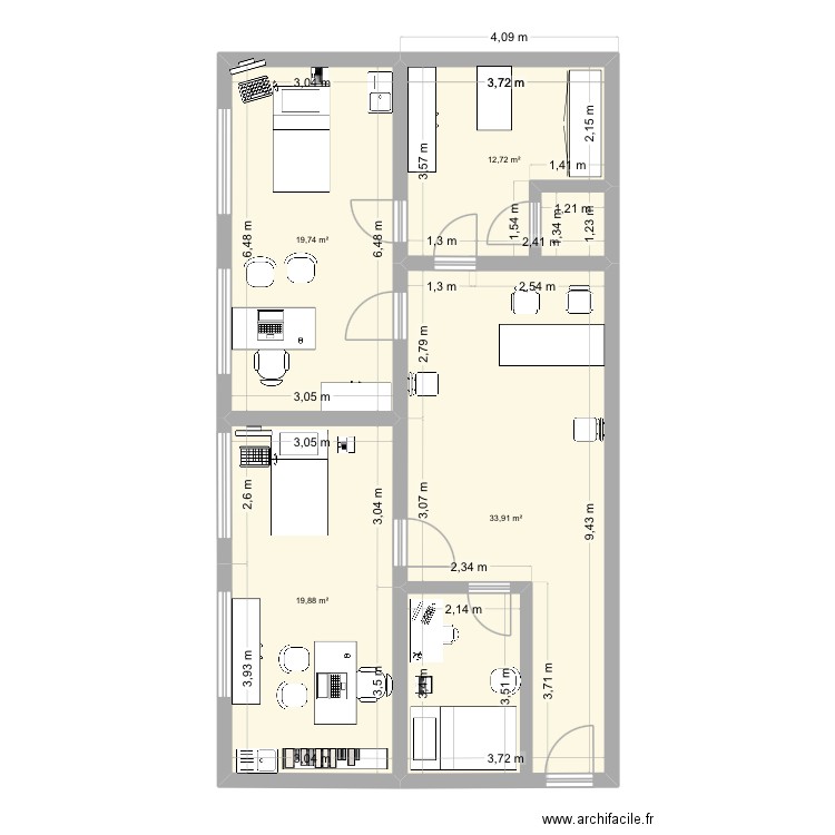 Pro 2 bureaux. Plan de 4 pièces et 86 m2