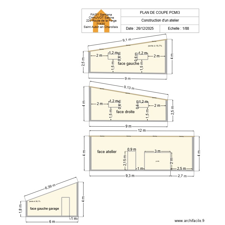 plan de coupe atelier et garage. Plan de 11 pièces et 118 m2