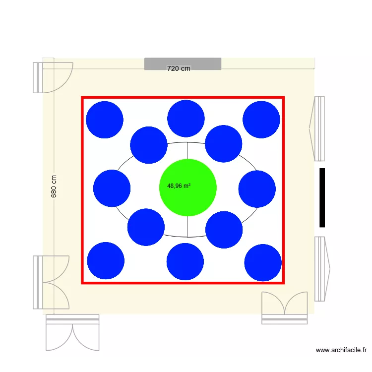 Plan salle de r&eacute;union avec 12 panneaux acoustiques de 100 cm rond. Plan de 1  et 49 m²
