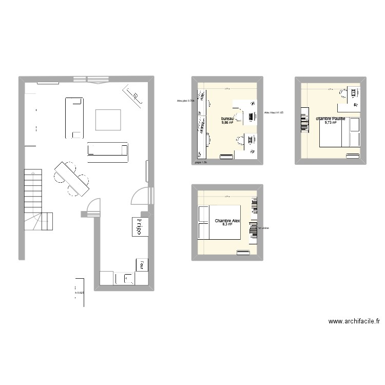 salon papa. Plan de 3 pièces et 28 m2