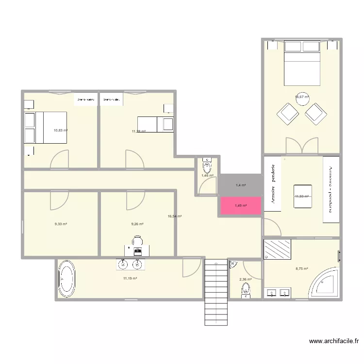 ESSAI. Plan de 13 pièces et 113 m²