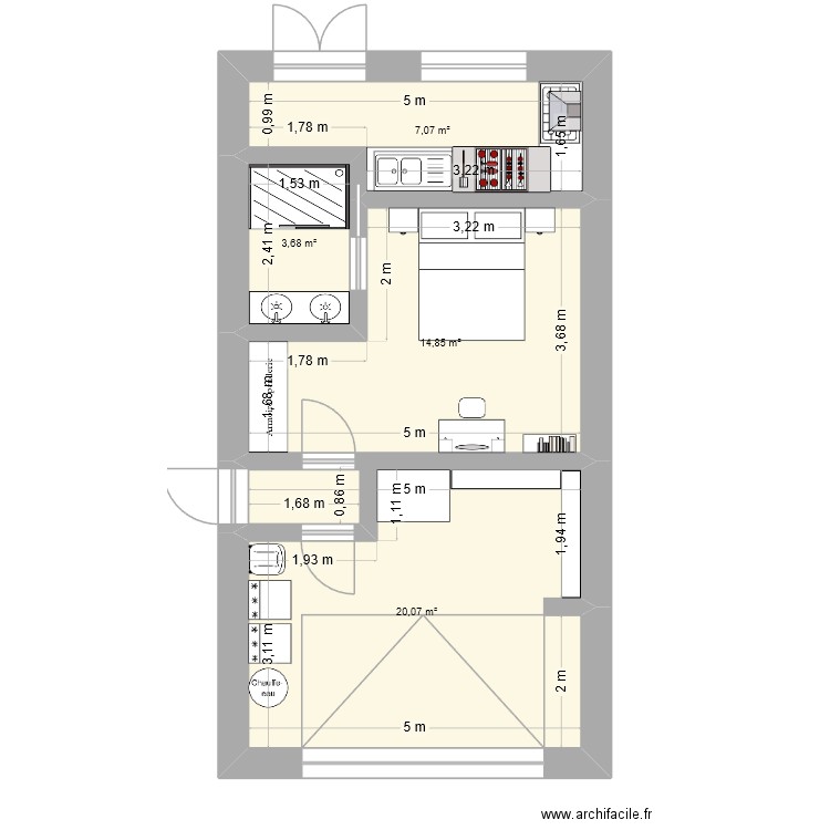 garage. Plan de 4 pièces et 46 m2