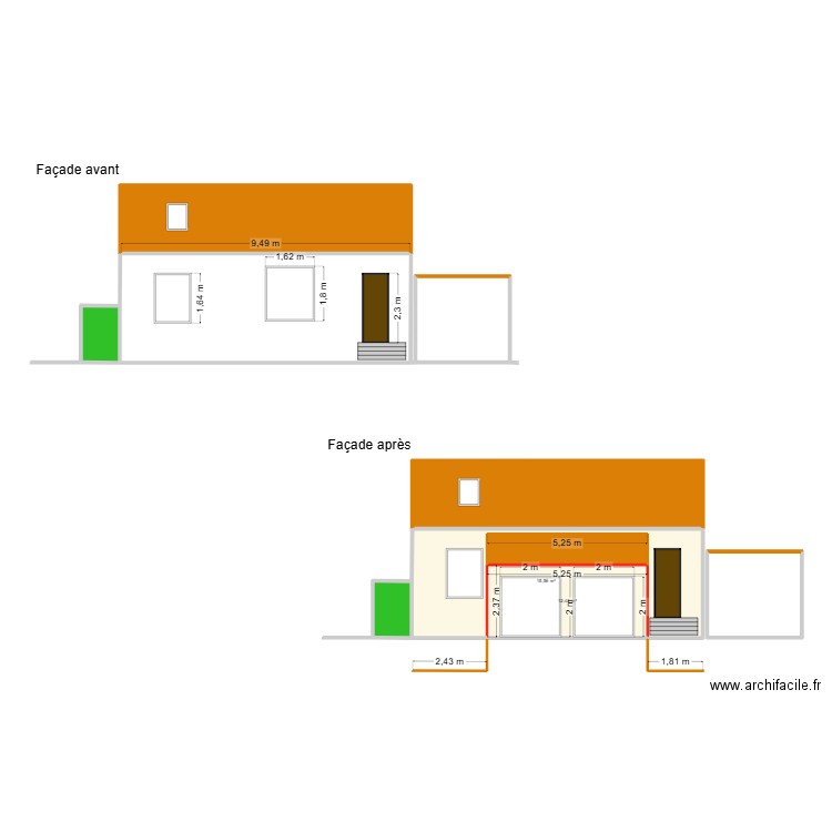 Facade. Plan de 10 pièces et 129 m2