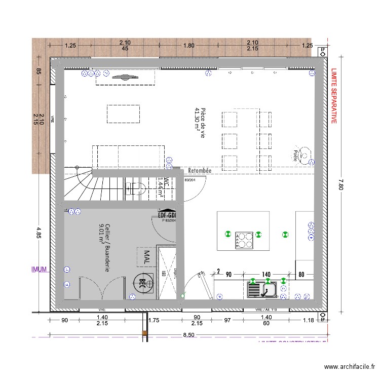 rdc. Plan de 2 pièces et 55 m2