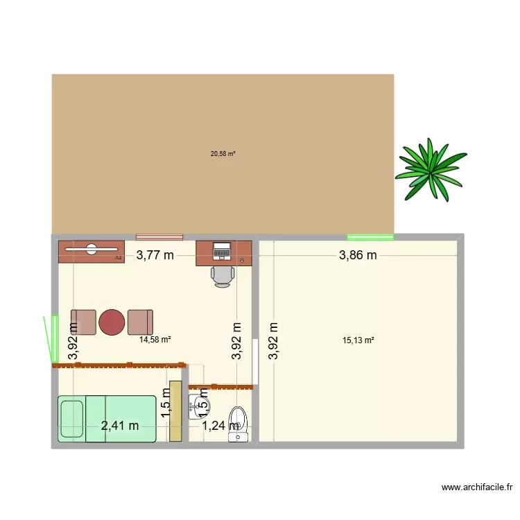 Salon Bungalow. Plan de 2 Pièces et 30 m²