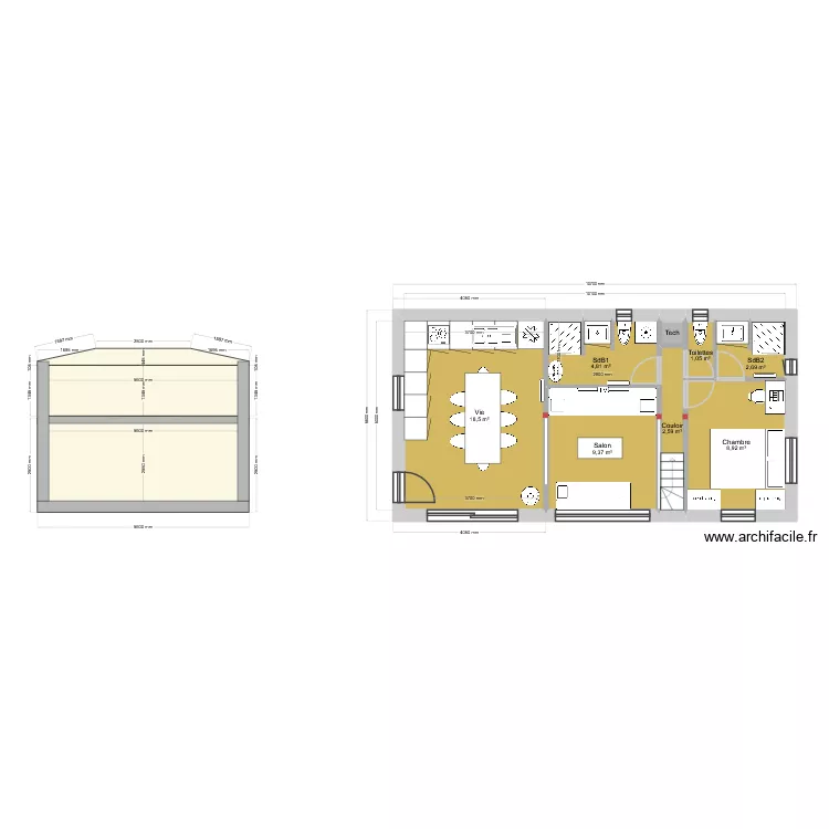 GrandeTiny Mezzanine chambre Est3. Plan de 18  et 165 m²