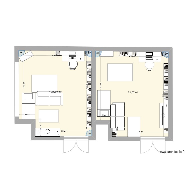 .... Plan de 2 pièces et 43 m2