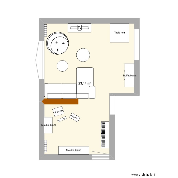 salon. Plan de 1 pièce et 23 m2