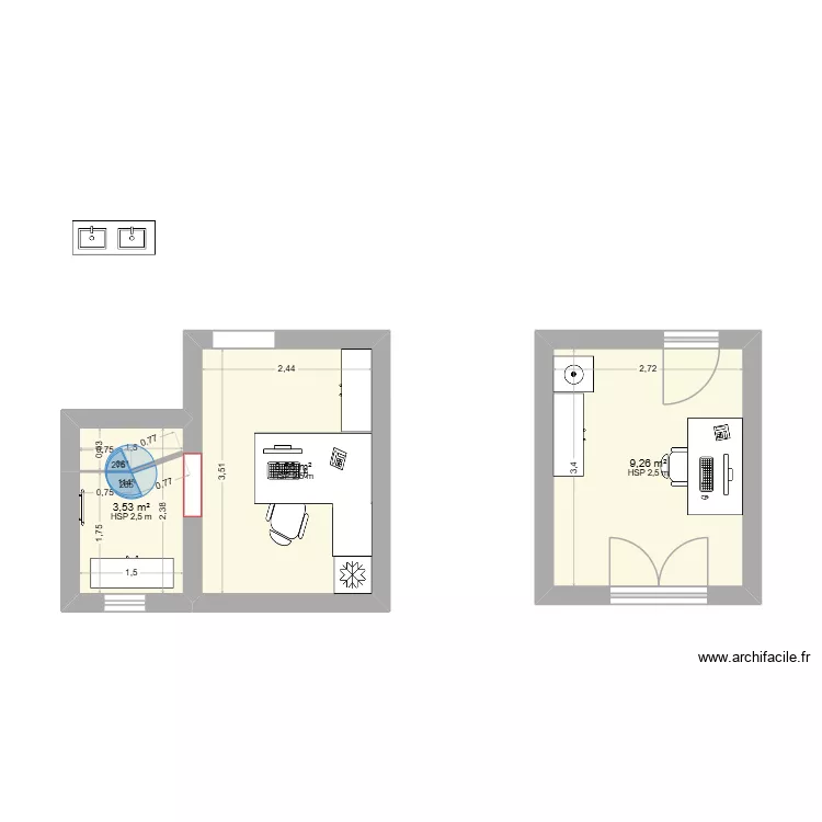 bureau MF. Plan de 3 pièces et 21 m²