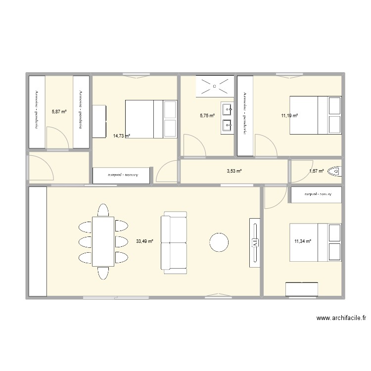 seul bis. Plan de 8 pièces et 88 m2