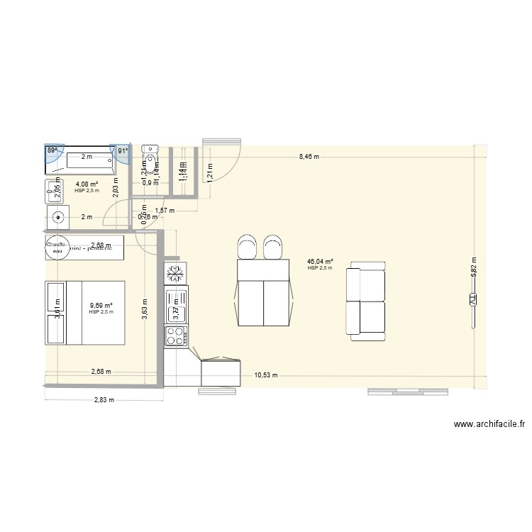 FLO appart ouvert. Plan de 3 pièces et 60 m2